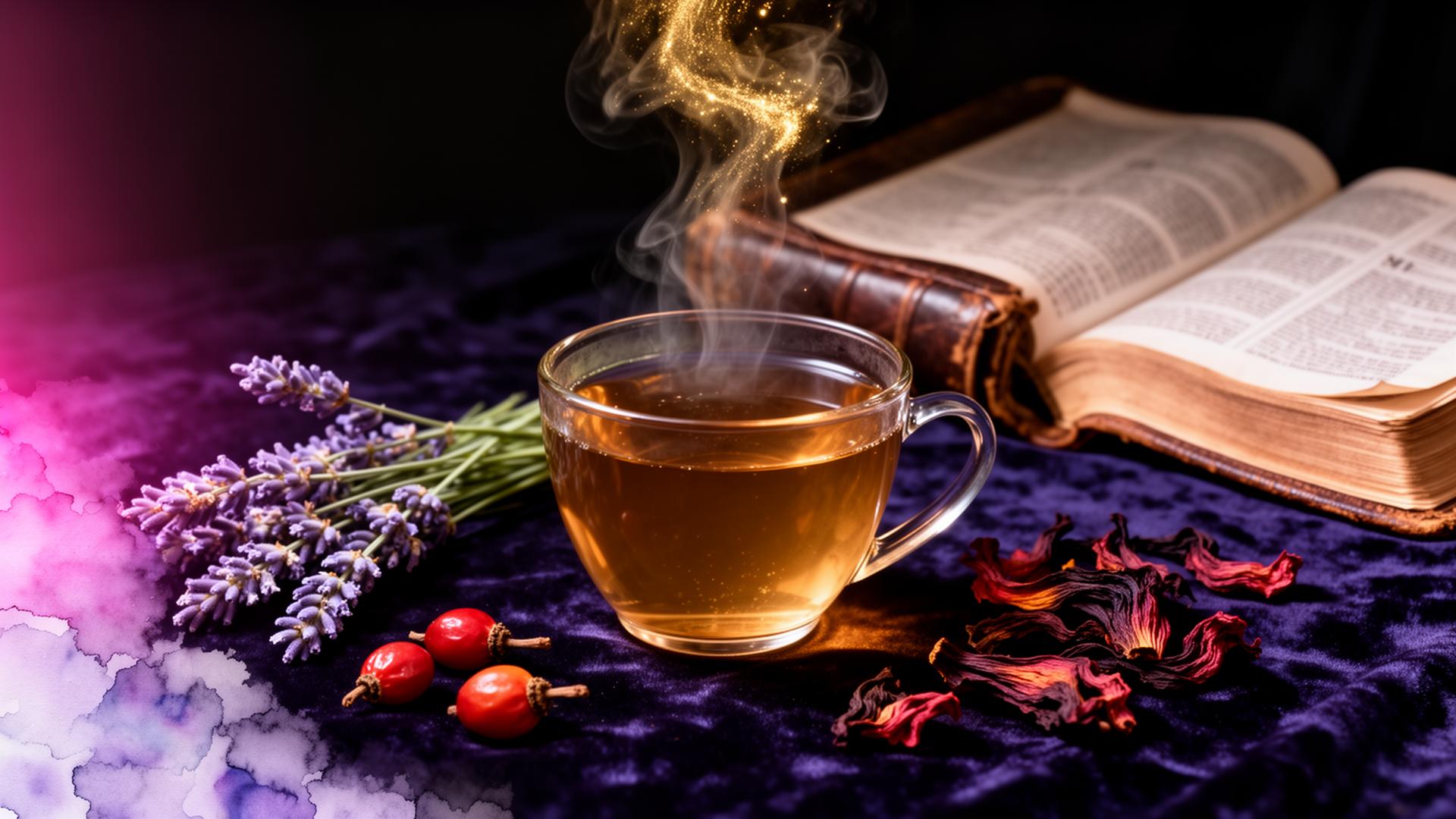 A steaming cup of Script-Teas on midnight velvet with lavender, rose hips and an open Bible